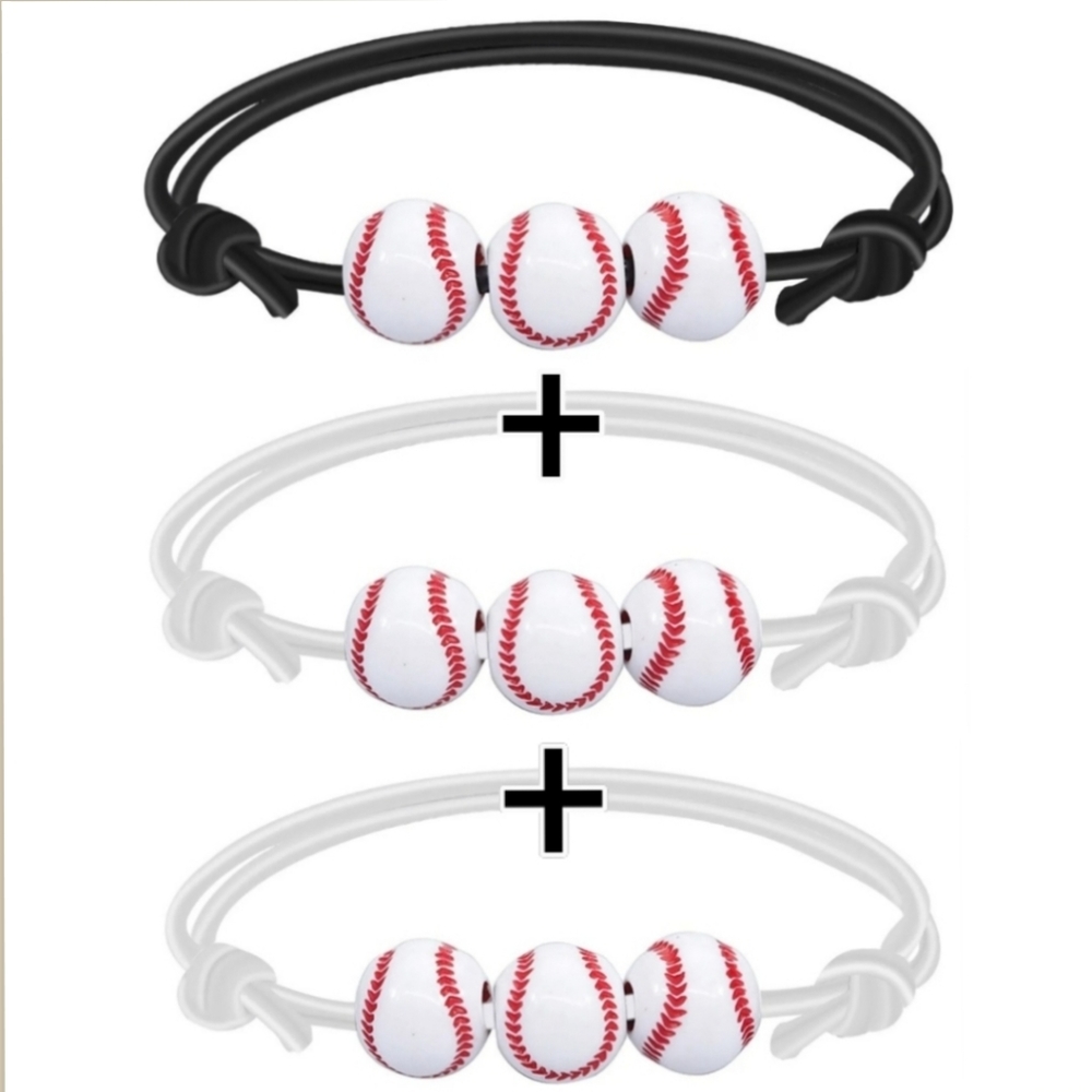 3 Baseball Bracelets Adjustable Bead Charms Sport Friendship Couples White Black